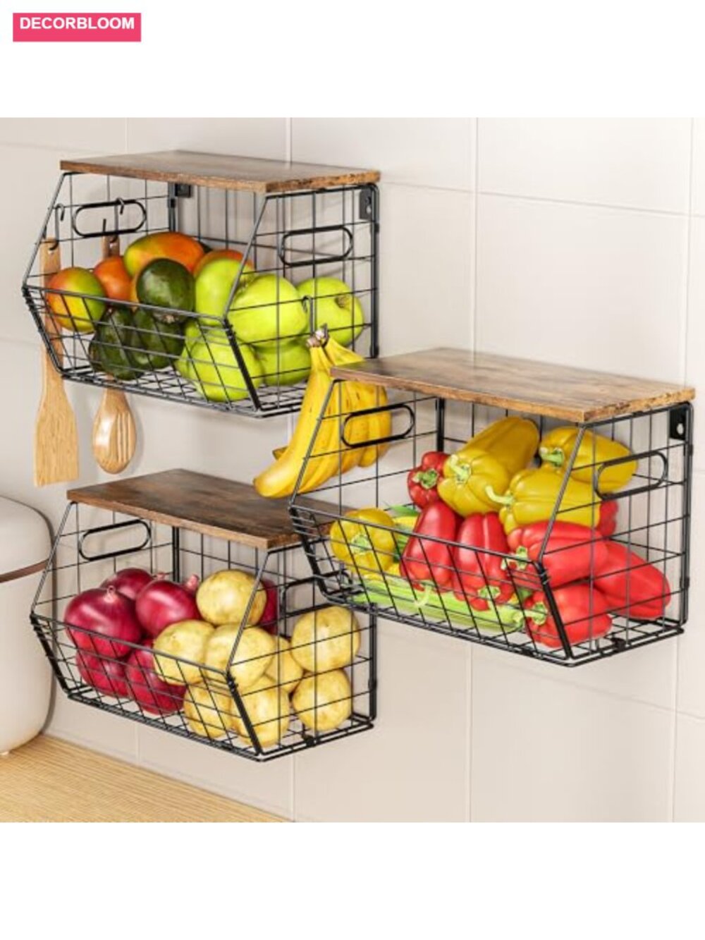 Stackable Metal Fruit Basket with Wood Lid 3 Pack Hanging Wall Organizer